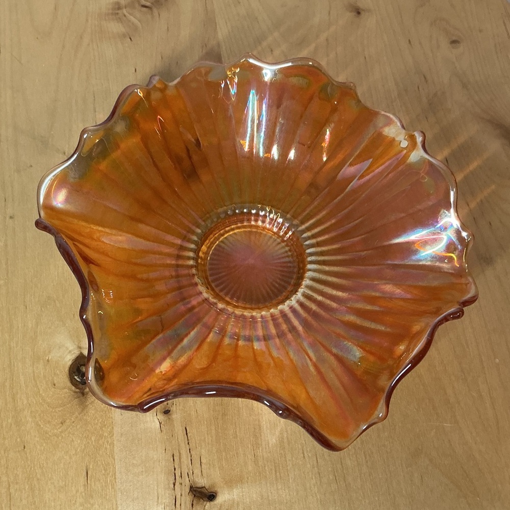 Vintage Carnival Glass Candy Dish Footed Bowl Marigold Ruffled Iridescent 6”